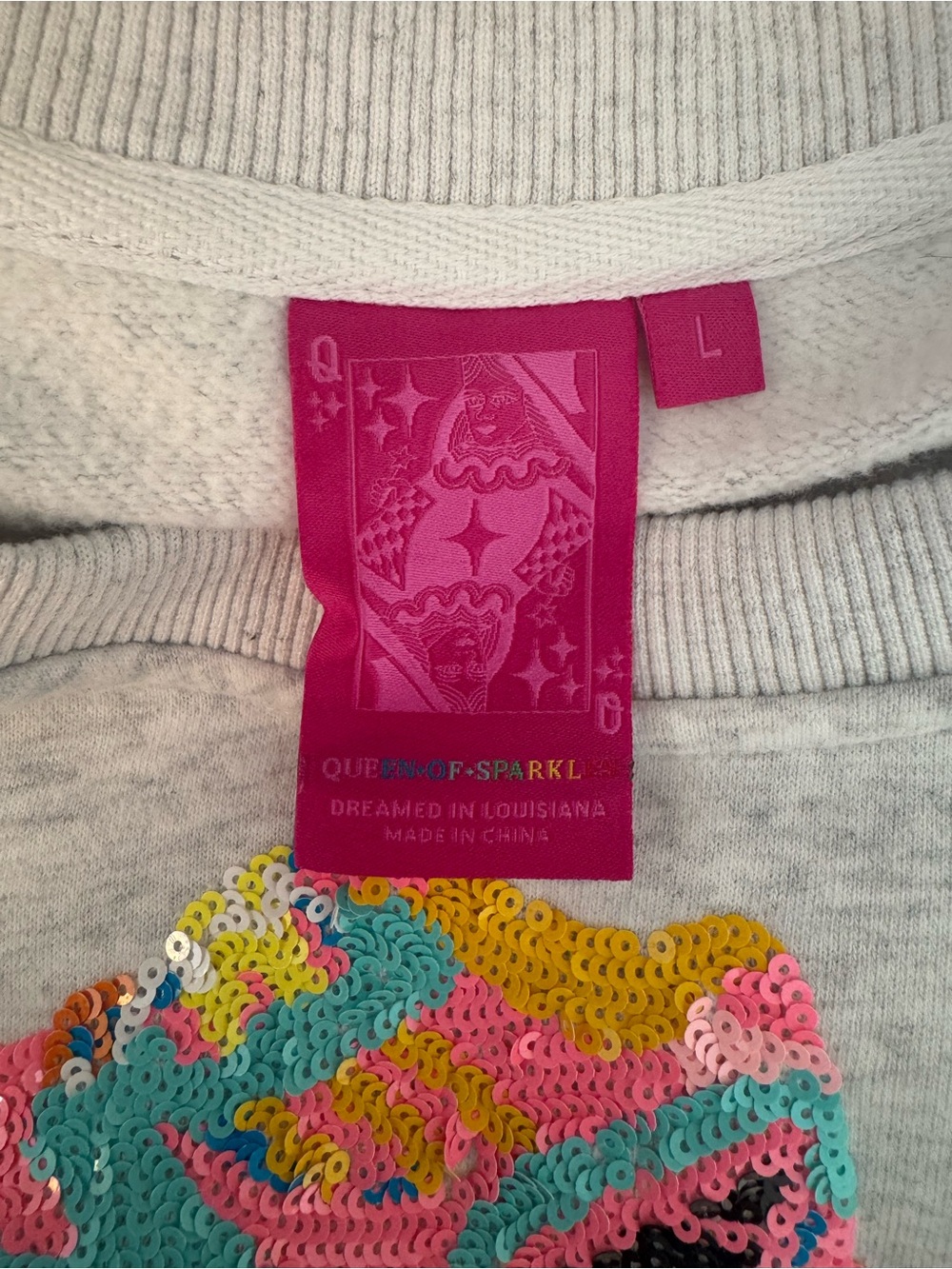 QUEEN OF SPARKLES Neon Sequin Sneaker Light Gray Sweatshirt Oversized - Picture 9 of 10